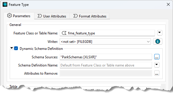Dynamic Schema Definition - Schema Sources parameter on a writer feature type